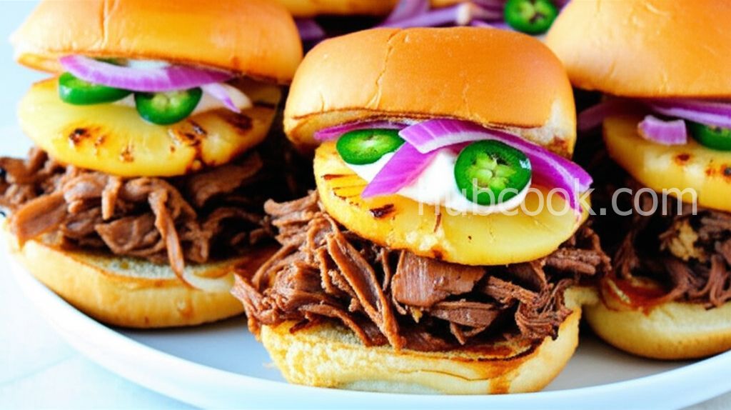 Hawaiian Beef Sliders with Sriracha Cream Sauce