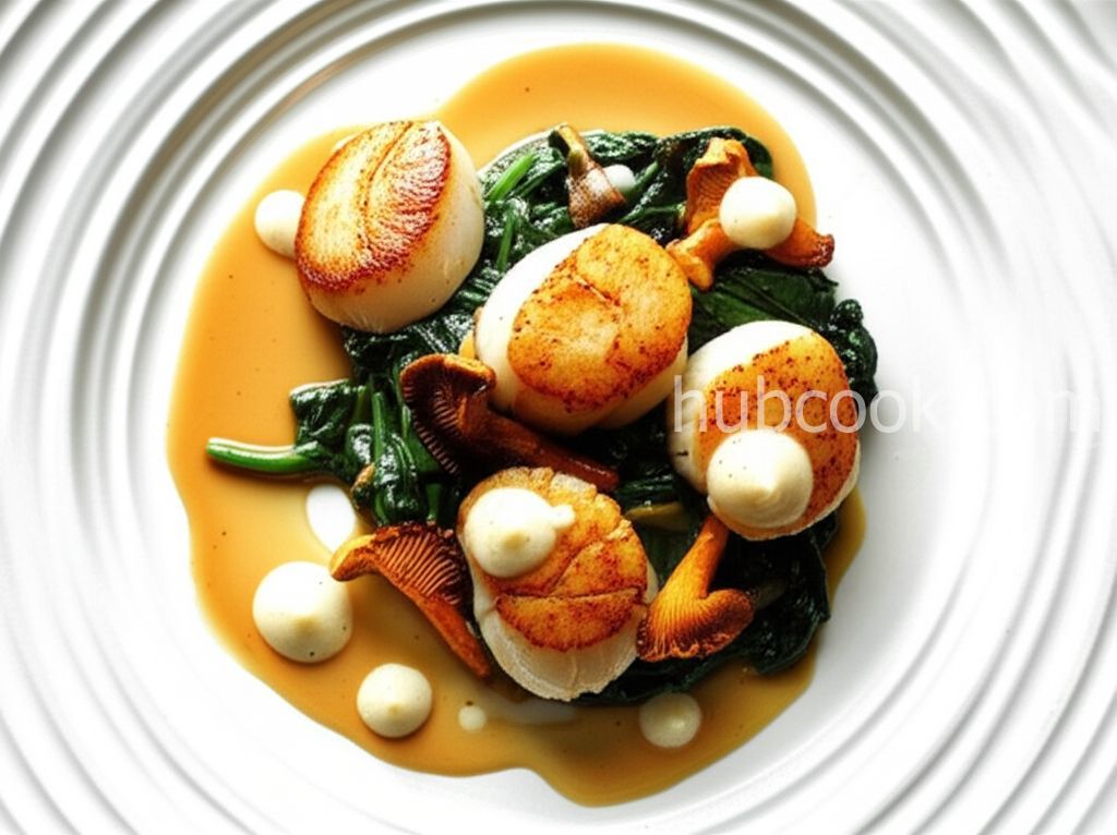 Sous-Vide Bay Scallops on Soy Ginger Espuma with Mushrooms and Spinach
