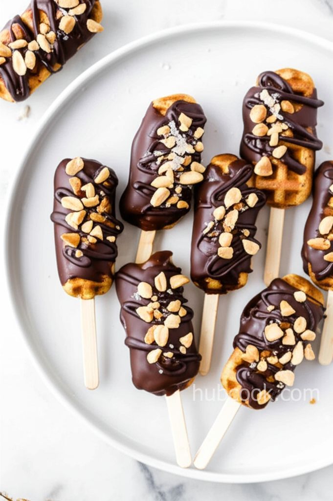 Mini Waffle Pops with Dark Chocolate, Roasted Peanuts, and Flaked Salt