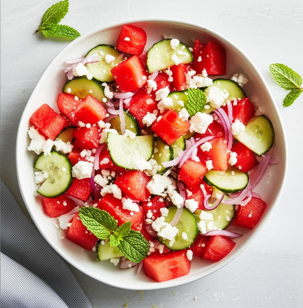 Watermelon Cucumber Salad with Sushi Vinegar and Lime