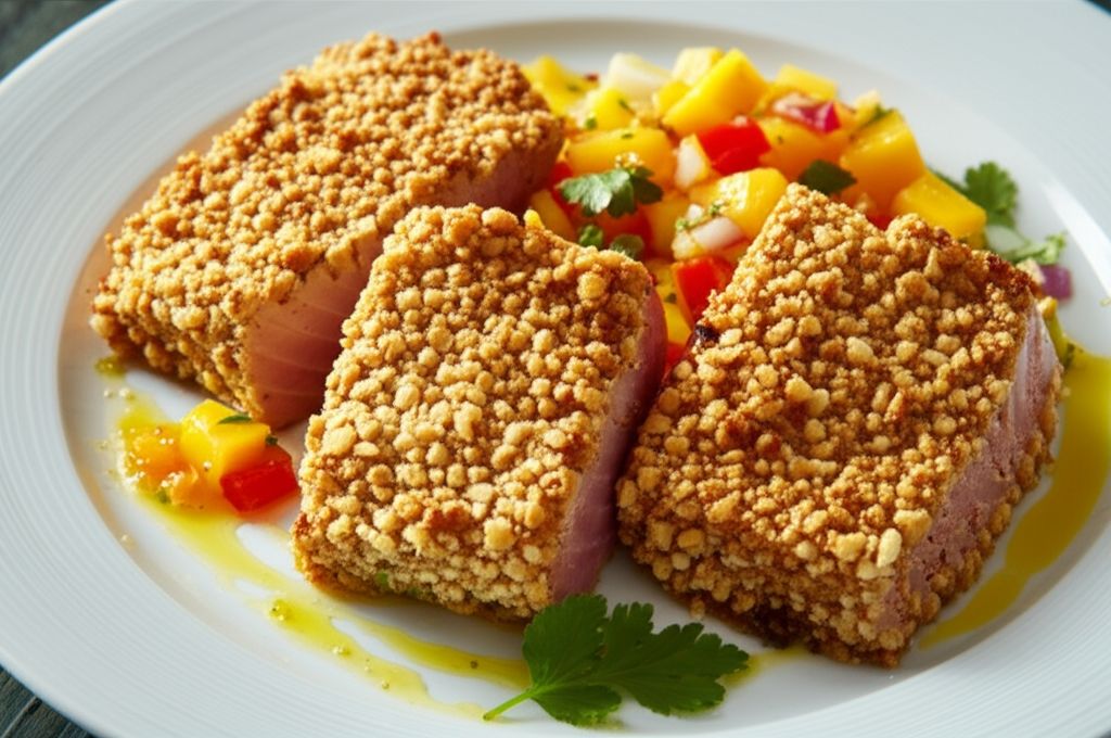 Grilled Macadamia-Crusted Tuna with Papaya Salsa