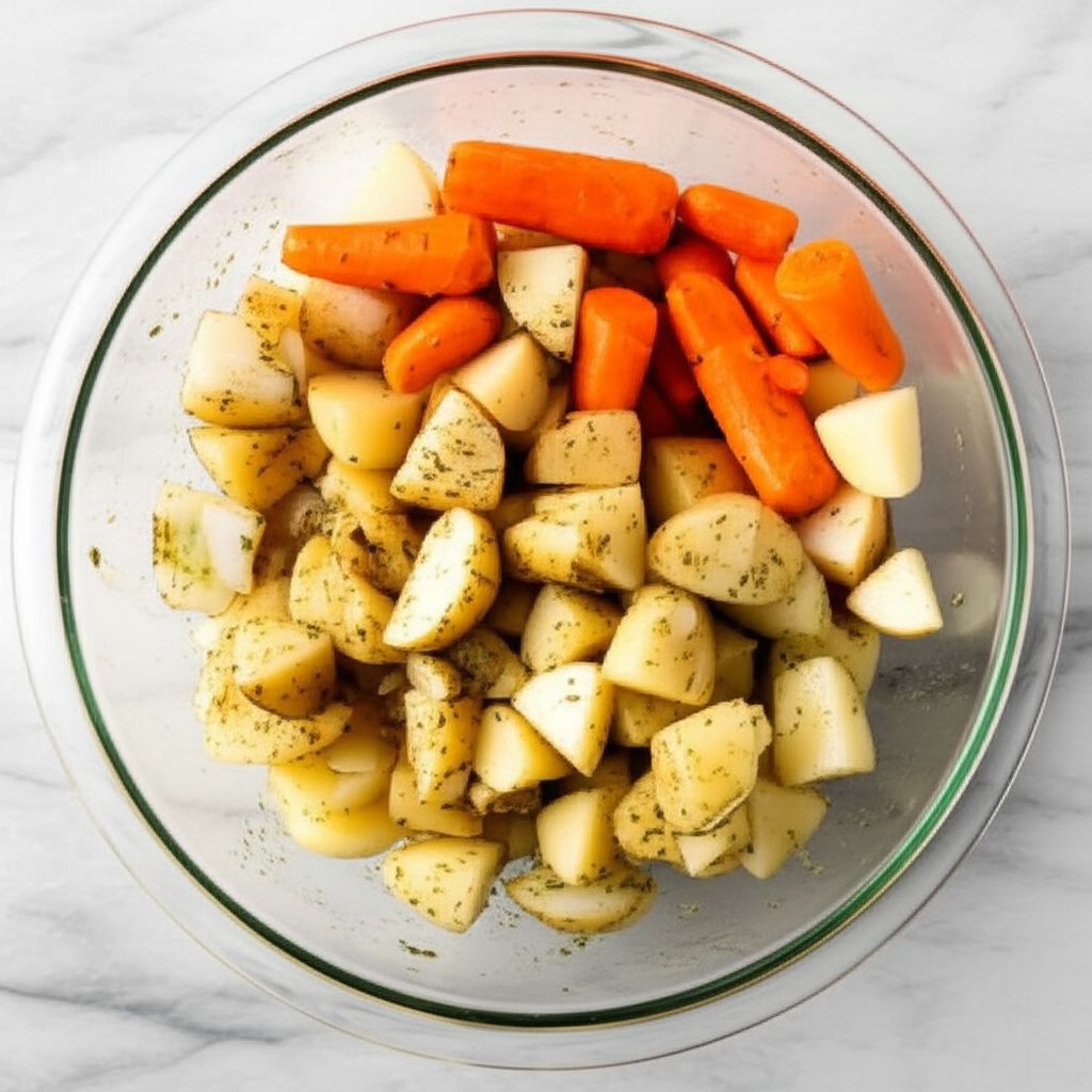 Roasted Potatoes, Onions, and Carrots with Brown Sugar and Balsamic Vinegar