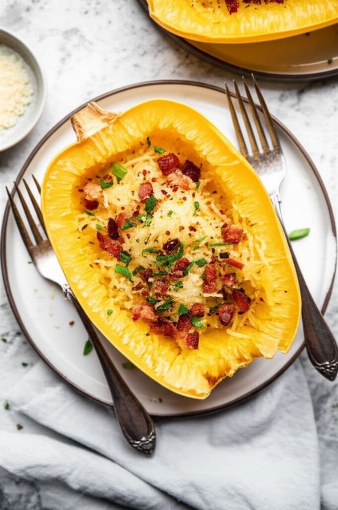 Spicy Garlic-Parmesan Spaghetti Squash with Bacon