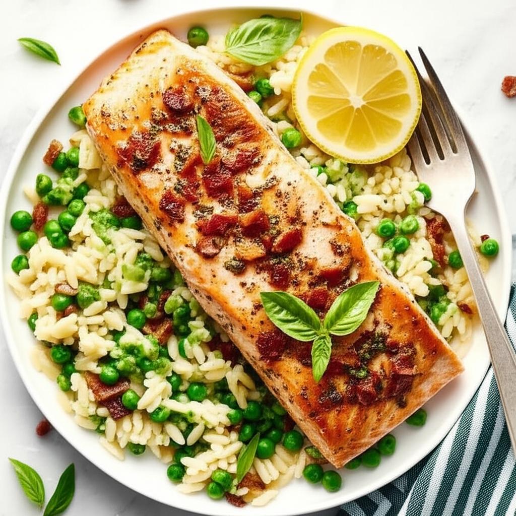 Baked Salmon with Lemony Orzo and Basil-Bacon Peas