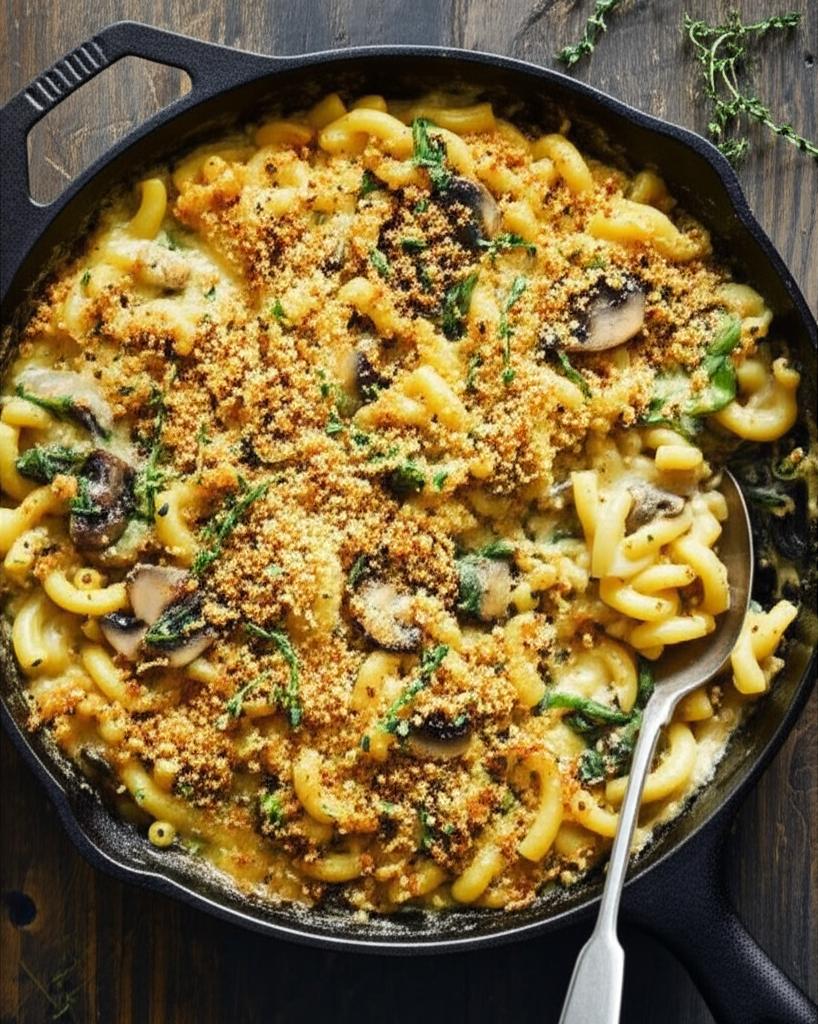 Cremini and Spinach Cheesy Ditalini Skillet