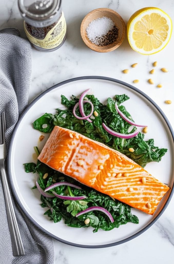 Honey Lemon Glazed Salmon with Spinach Saute