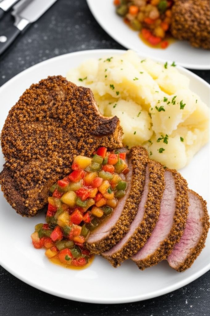 Peppercorn Pork Chops with Warm Pickled Pepper Relish