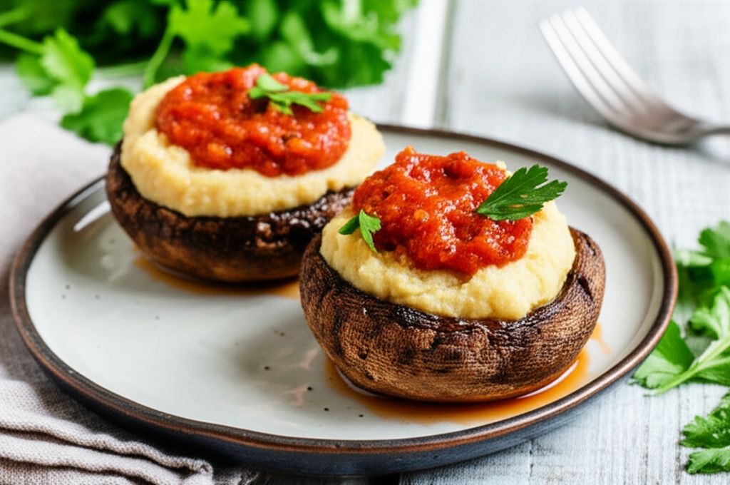 Grilled Portobello Mushrooms with Mashed Cannellini Beans and Harissa Sauce