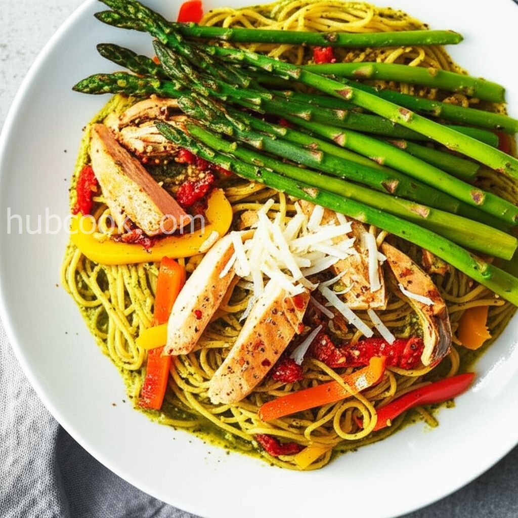 Colorful Chicken Pesto with Asparagus, Sun Dried Tomatoes and Peppers