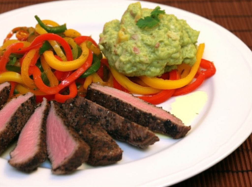 Filet Mignon with Bell Pepper Haystack and Fresh Guacamole Served with Corn Chips