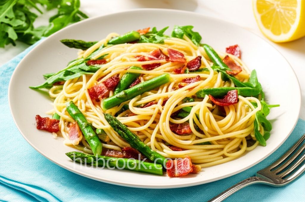 Linguine with Asparagus, Bacon, and Arugula