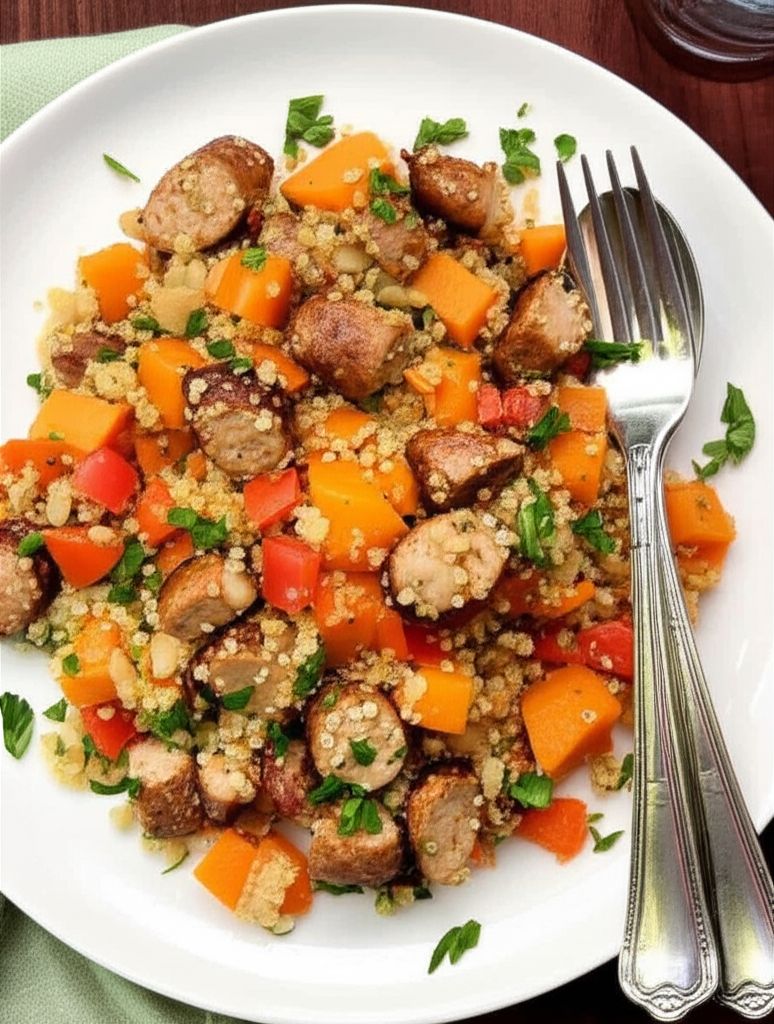 Quinoa Salad with Winter Veggies and Buffalo Chicken Sausage