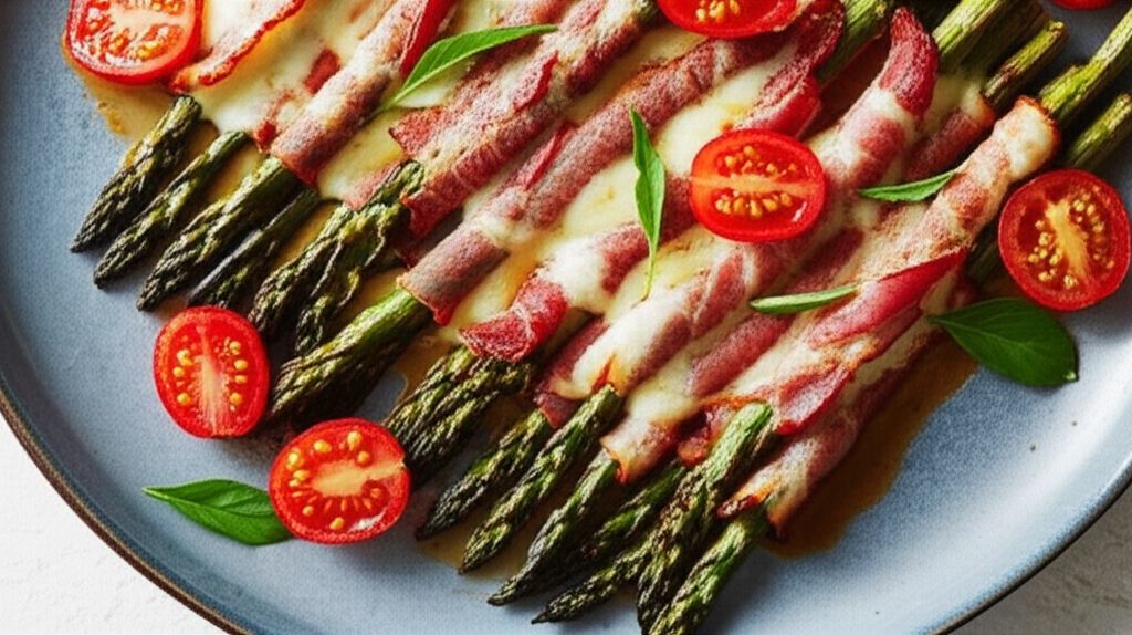 Bacon-Wrapped Asparagus Spears with Tomatoes and Taleggio Cheese